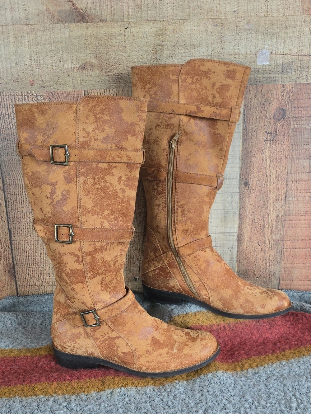 Gianni Bini Distressed Tan Knee High Buckle Boots